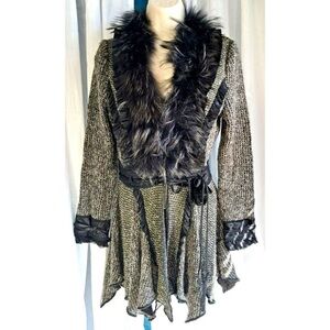Vintage Neiman Marcus Raccoon Fur Collar Black/Gray Faux Suede Jacket Cardigan M